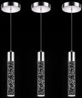 3 Pack Modern Pendant Lights For Kitchen Island With Glittering Crystal Bubbles, 6500K Daylight Brushed Nickel Hanging Fixtures. Close-up view of three pendant lights.