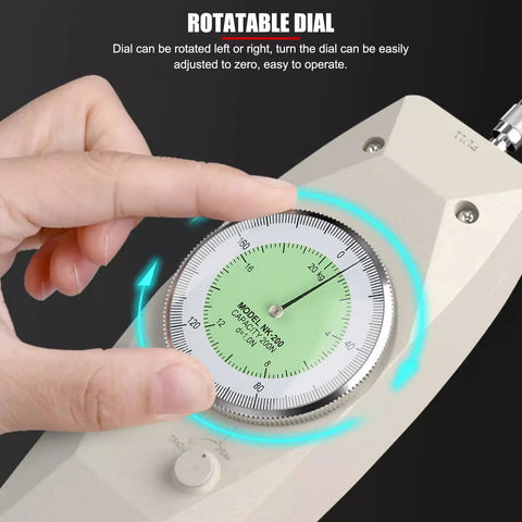 200 N Handheld Push Pull Force Gauge With Dual N Kgf Analog Dial And Peak Hold, Mounting Test Stand Ready, Perfect For Tensile And Compression Testing, Includes Multiple Attachment Heads And Extension Rod, rotatable dial close-up