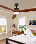 52 Inch Indoor Outdoor Ceiling Fan With Remote And Lights Quiet Noiseless AC Motor 3 Solid Rubber Wood Blades in a bedroom