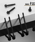 Gauge 8 By 3 4 Inch Self Drilling Screws 215 Piece Pack Hex Washer Head 410 Stainless Steel Sheet Metal Fastener Set Black Oxide Coating on a surface.