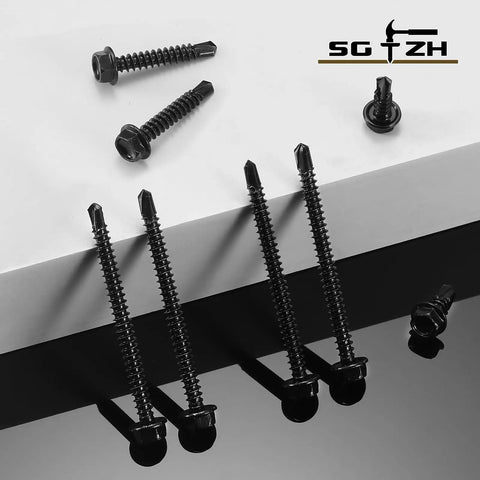 Gauge 8 By 3 4 Inch Self Drilling Screws 215 Piece Pack Hex Washer Head 410 Stainless Steel Sheet Metal Fastener Set Black Oxide Coating on a surface.