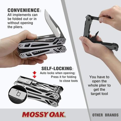 Hands holding and using Multitool 21 In 1 Stainless Steel Pocket Knife With Screwdriver Sleeve Self Locking Pliers And Durable Sheath