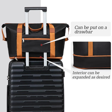Cosbarn 5-piece luggage set: front view of black ABS hard-shell suitcase with spinner wheels and orange-strapped top bag.
