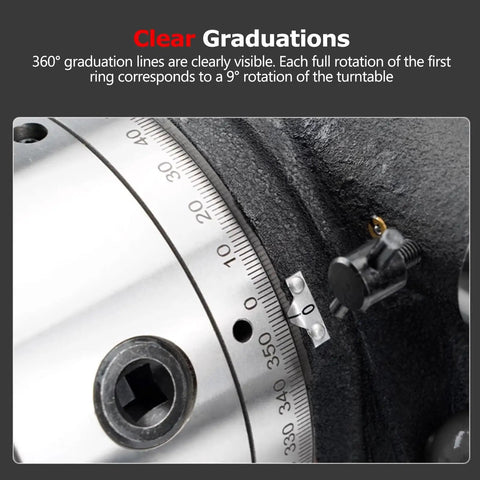 Clear graduation markings on Quick Change Indexing Head Dead On Precise 360 Degree Rotary Table dual mount for precise adjustments.