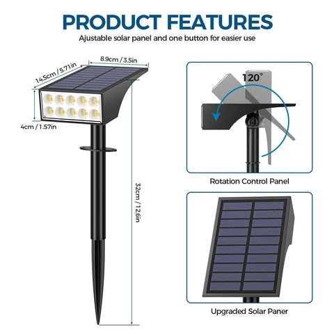 Product features of 12 Pack Outdoor Solar Spotlight Lights IP65 Waterproof, Ultra Bright 800 Lumens, 30 LEDs, 4 Modes.
