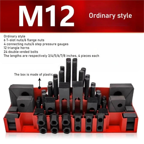 Image of 58 Piece Milling Machine Clamping Kit With M12 Universal Fixture Screws And Pressure Plate Set on red holder