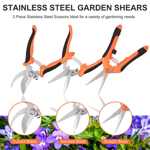 3 Pack Garden Shears Set Stainless Steel Pruning Scissors with ergonomic handles for gardening flowers, fruits, and trees.