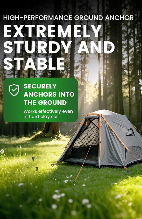 Heavy Duty Trampoline Ground Anchors 19 Inch Screw In Stakes for High Wind, Pack of 4 securing a tent on grassy ground