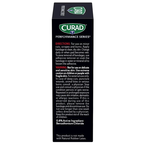 Curad Performance Series box showing directions for use on cuts and scrapes, details about active ingredients.