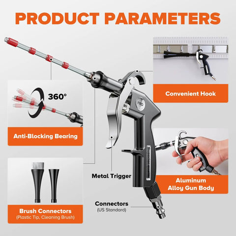 High Pressure Car Cleaning Gun For Detailin And Deep Interior Exterior Cleaning, Powerful Air Blower For Door Jambs, Dashboards, Cup Holders, Upholstery And Crevices, Quickly Busts Dirt, Dust, And Grease. Aluminum alloy body with 360° nozzle