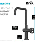 Urbix Industrial Single Handle Bar Kitchen Faucet In Matte Black With Diamond Textured Accents, 360° spout, dimensions shown.