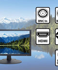18.5 Inch LED CCTV Security Monitor With HDMI Downscaled 4K Support BNC In Out Built In Speaker And VESA Mount For 24 Seven Home Office Surveillance Crystal Clear Images, showing interface symbols and scenic screen view.