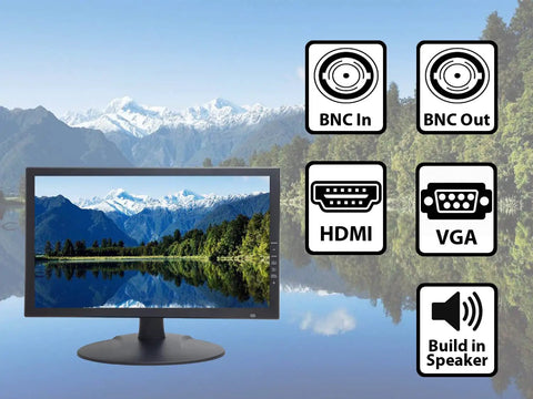 18.5 Inch LED CCTV Security Monitor With HDMI Downscaled 4K Support BNC In Out Built In Speaker And VESA Mount For 24 Seven Home Office Surveillance Crystal Clear Images, showing interface symbols and scenic screen view.