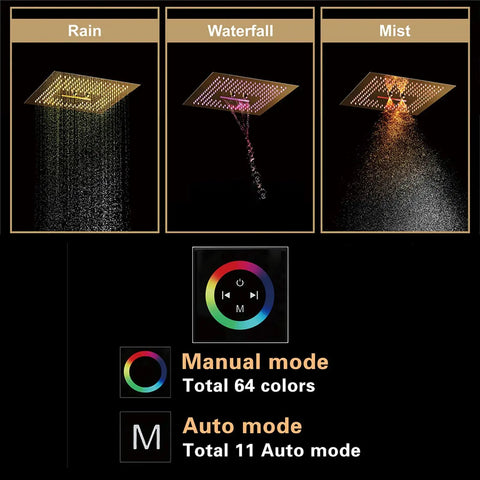 Top Shelf Ceiling Mounted Rain Shower System With 16 Inch Brushed Gold Heads showing Rain, Waterfall, Mist spray modes and LED controls.