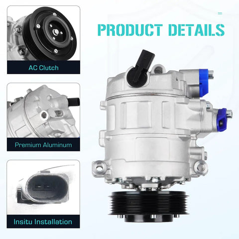 Solid AC Compressor With Clutch Assembly Straight Up Built To Bolt Right Onto Your Audi A3 Or Vw Golf showing premium aluminum detail.