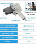 Heavy Duty Pneumatic Steel Strapping Machine Built Tough For Tight Buckles And Seamless Sealing Fits 19 25 32 Mm Straps showing features and specifications.