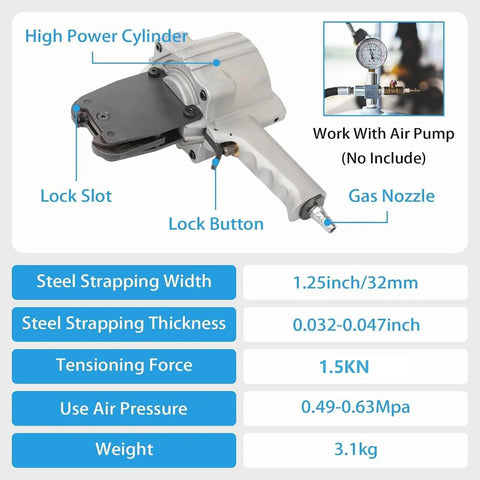 Heavy Duty Pneumatic Steel Strapping Machine Built Tough For Tight Buckles And Seamless Sealing Fits 19 25 32 Mm Straps showing features and specifications.