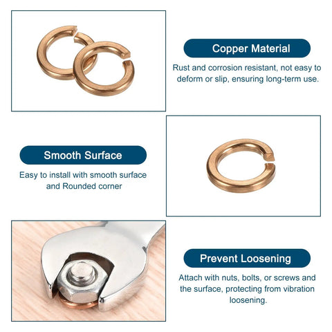 Tough As Nails M6 Copper Split Lock Washers Quarter Inch Diameter 30 Pack on smooth surface with wrench for secure fitting.