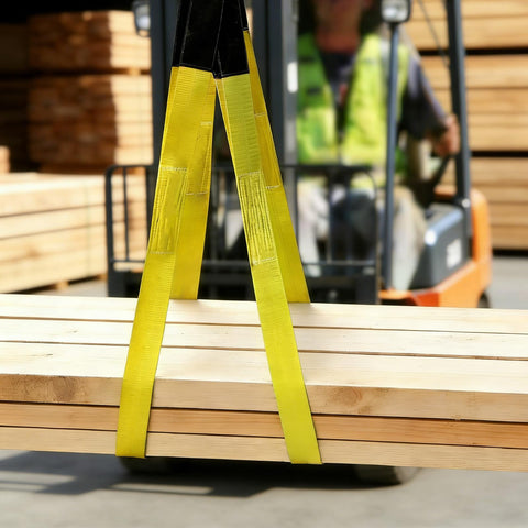 Two Pack 1 Inch By 8 Foot Lift Slings With Wear Guard Ends In Heavy Duty Polyester for lifting lumber with forklift