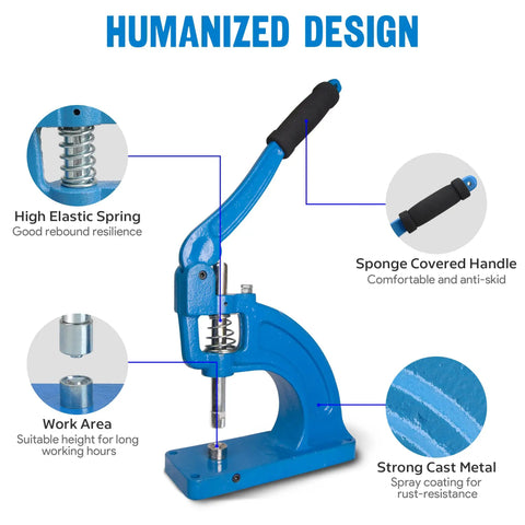 Table Mounted Eyelet And Grommet Machine Kit With Die Set And Hand Press Tool, blue design focus, labeled features