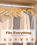 Heavy Duty Wooden Hangers 20 Pack With Non Slip Pant Bar For Closets holding various garments including shirts and suits