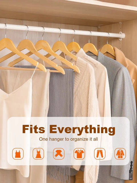 Heavy Duty Wooden Hangers 20 Pack With Non Slip Pant Bar For Closets holding various garments including shirts and suits
