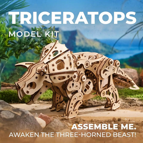Triceratops 3D Puzzle Wood Model Kit For Adults Mind Bending Dino Automaton Builder Dinosaur Figure Hobby Set 5.6 Inch Tall Engaging Brain Teaser Craft Project, wooden triceratops