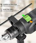Close-up of Beast Corded Hammer Drill With 4.5 Amp Motor 0 To 3000 RPM 1/2 Inch Keyed Metal Chuck with feature labels.