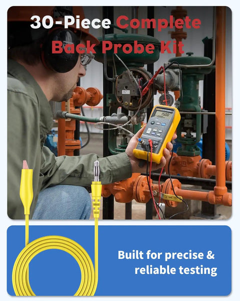 Technician using Back Probe Kit 30 Pcs Automotive Test Leads Bundle With Banana Plug to Alligator Clip Probes for diagnostics