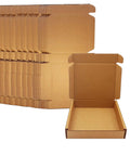 Heavy Duty 5X4X1 Small Shipping Boxes 50 Pack, Legit Corrugated Cardboard Mailers stacked with one box open.