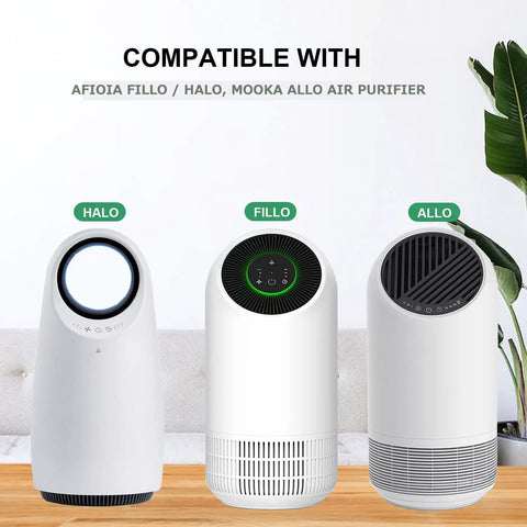 Image of Mooka Allo, Afloia Fillo, and Halo air purifiers compatible with True H13 HEPA Allo Replacement Filter 2 Pack.