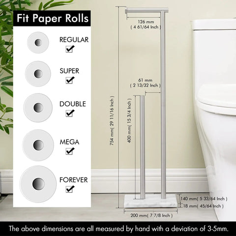 Tall Free Standing Toilet Paper Holder With Marble Base For Easy Reach No Bending Needed 29 And A Half Inch Bathroom Roll Stand In Brushed SUS304 Stainless Steel Elder Friendly Durable Modern Bath Accessory fit dimensions guide.