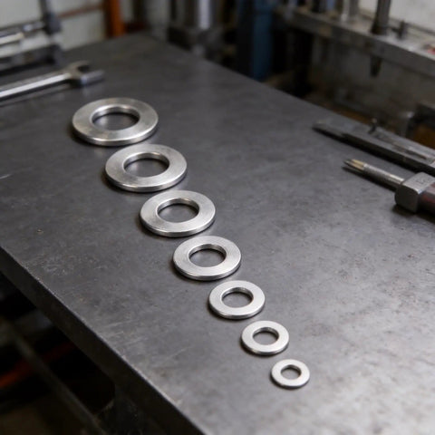 105-Piece Stainless Steel Flat Washer Set For Metric Sizes M3 M5 M6 M8 M10 Gasket Rings No Fuss For Home Improvement Outdoor Projects And Furniture Assembly Rust Resistant Durable With Smooth Edges, assorted washers on workbench