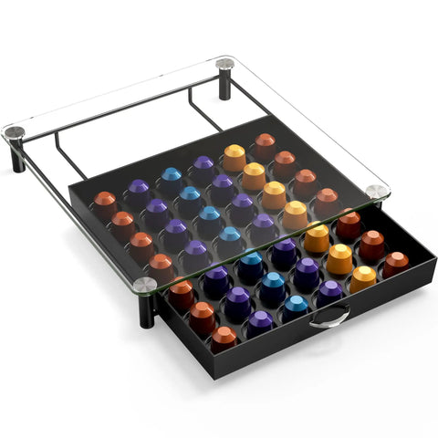 Tempered Glass Coffee Pod Drawer For Original Line Holds 42 Pods, clear see-through top with pods in organized rows.