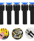 Check Out This 5-Piece Blue Straight Push-Fit Pneumatic Tube Reducer Coupler Kit With Quick Connect Plastic Air Hose Fittings For Industrial Gas Systems That Save Big Temps And Cash While Making Your Job Easy Peasy Every Single Day. five black plastic push-fit reducers with blue caps