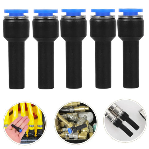 Check Out This 5-Piece Blue Straight Push-Fit Pneumatic Tube Reducer Coupler Kit With Quick Connect Plastic Air Hose Fittings For Industrial Gas Systems That Save Big Temps And Cash While Making Your Job Easy Peasy Every Single Day. five black plastic push-fit reducers with blue caps