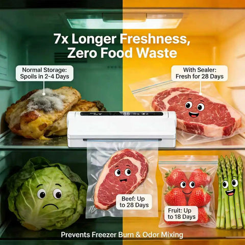 Powerful 75KPa Vacuum Sealer Machine with Dry and Wet Modes preserving food freshness in a refrigerator.