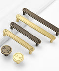 Four Pack Three Point Eight Inch Coffee Antique Brass Cabinet Pulls Handles, shown in antique and polished finishes, top view.