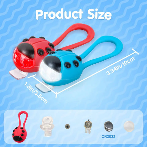 Two Pack Kids Bike Lights For Scooters And Bicycles Waterproof LED Lights With Three Modes Easy Silicone Mount vibrant colors.