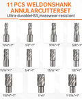 11 PCS Weldon Shank Annular Cutter Set featuring various sizes from 7/16" to 1-1/16", ideal for durable hole drilling.