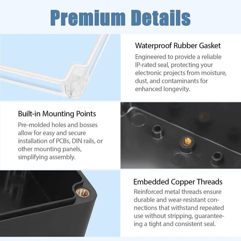 Rock Solid Ip65 Waterproof Project Box Abs Plastic Electronic Enclosure Tough As Nails Junction Case For Wet Weather Outdoor Wiring And Heavy Duty Diy Projects features waterproof rubber gasket and built-in mounting points.