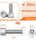 Close-up of M6 stainless steel screws, 20 pieces, with dimensions for Heavy Duty Rivet Nut Tool Kit For Easy Installation Hand Riveter.