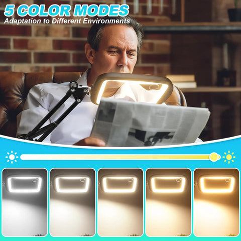 Man reading with Extra Large Magnifier With Light And Clamp Hands Free Rectangle Desk Magnifier Features 10x To 30x Zoom Five Color LED Modes
