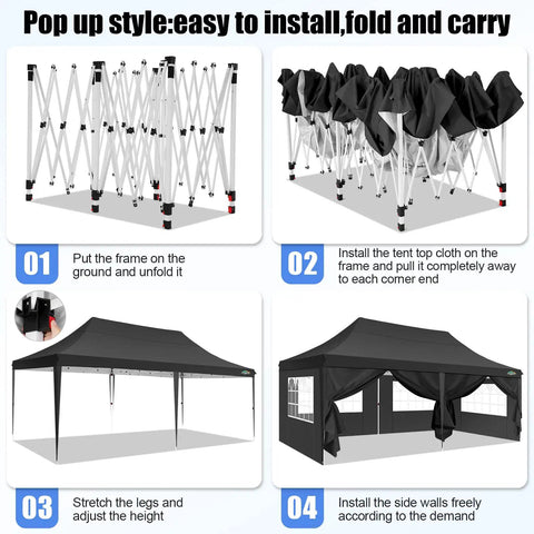 Assembly steps for 10x20 Pop Up Canopy Tent With Sidewalls And Upgrade Frame For Parties, weatherproof outdoor gazebo.