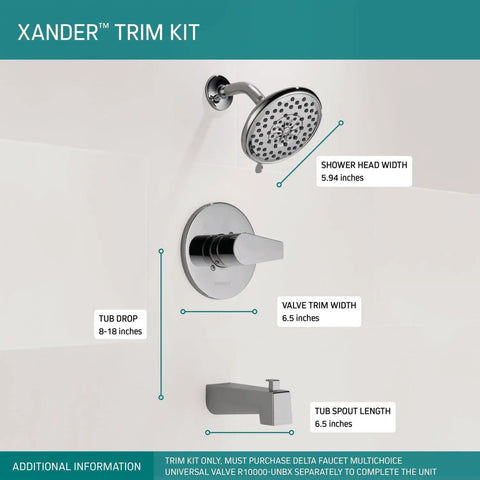 Xander Tub Shower Trim Kit Chrome Finish With Full Body Spray, Massaging Spray, Valve Sold Separately, shower head size details