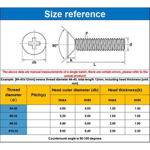 Size reference chart for Premium Pure Copper Countersink Screws Flat Head Phillips Drive dimensions and specifications.