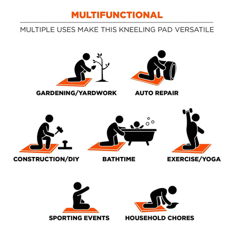 Illustration showing different uses for the ProFlex 390 Kneeling Pad Tough As Nails Foam Knee Cushion for various activities.