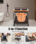 Top Shelf Foldable Two Tier Foot Bath Trolley With Smooth Swivel Casters And Integrated Manicure Station For Ultimate Spa Vibes And Salon Quick Setup Coffee Heavy Duty Wood And Steel Frame in use with foot bath, massage, and manicure features.