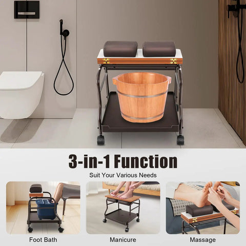 Top Shelf Foldable Two Tier Foot Bath Trolley With Smooth Swivel Casters And Integrated Manicure Station For Ultimate Spa Vibes And Salon Quick Setup Coffee Heavy Duty Wood And Steel Frame in use with foot bath, massage, and manicure features.