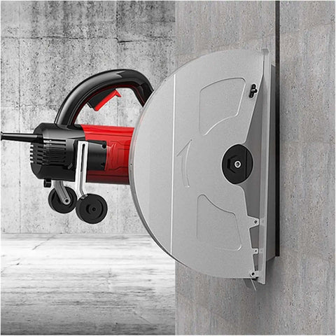 Heavy Duty 5500W Electric Concrete Saw Delivers Badass Power For Precision Wall Grooving And Road Cutting With Adjustable 160mm Depth Settings And Infrared Guidance For Flawless Stone Door Projects mounted on a concrete wall.